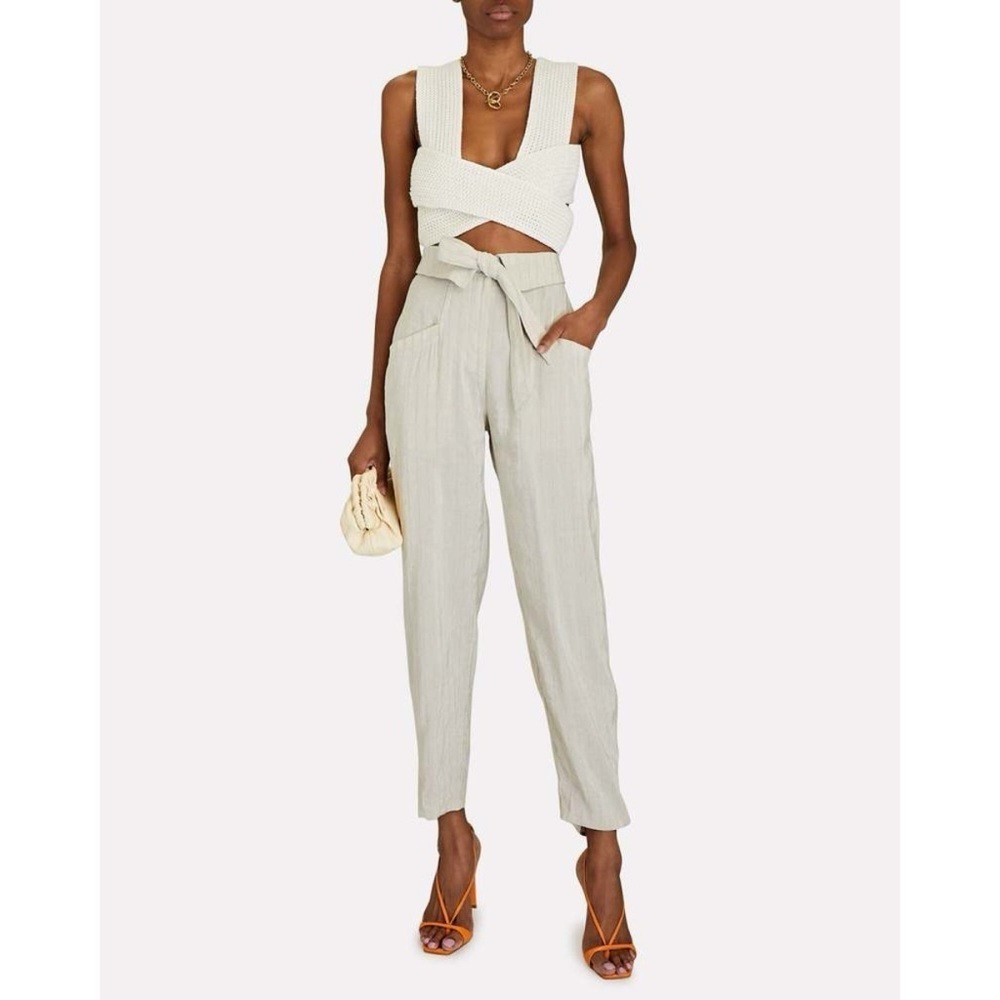 Jonathan Simkhai Penny Draped Textured Taped Belted Crop Linen Pant
